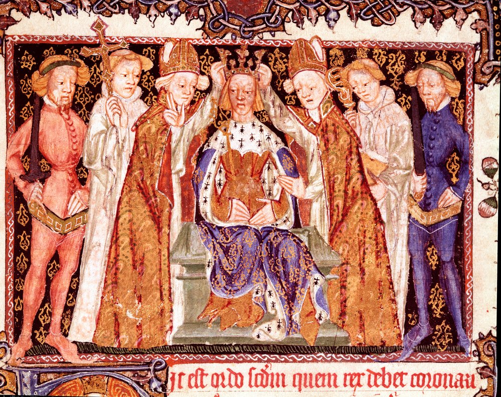 Kroningen af en konge, sandsynligvis kong Richard 2. af England (1367-1400). Miniature fra manuskriptet om kroningsritualer, "Liber regalis", 14. århundrede. Pamplona, Navarras arkiv af Unknown artist