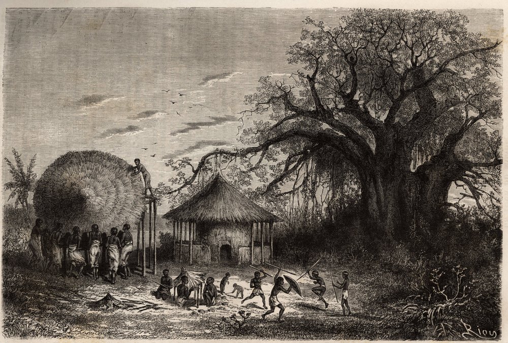 Kvinder fra udkanten af Zambeze vinker hytter og i forgrunden, børns leg. Indgravering til illustration af Dr. Livingstones første rejser til det sydlige Afrika fra 1840 til 1856, i "Le tour du monde, nouveau journal des voyages"" udgivet under den direkte af Unknown artist