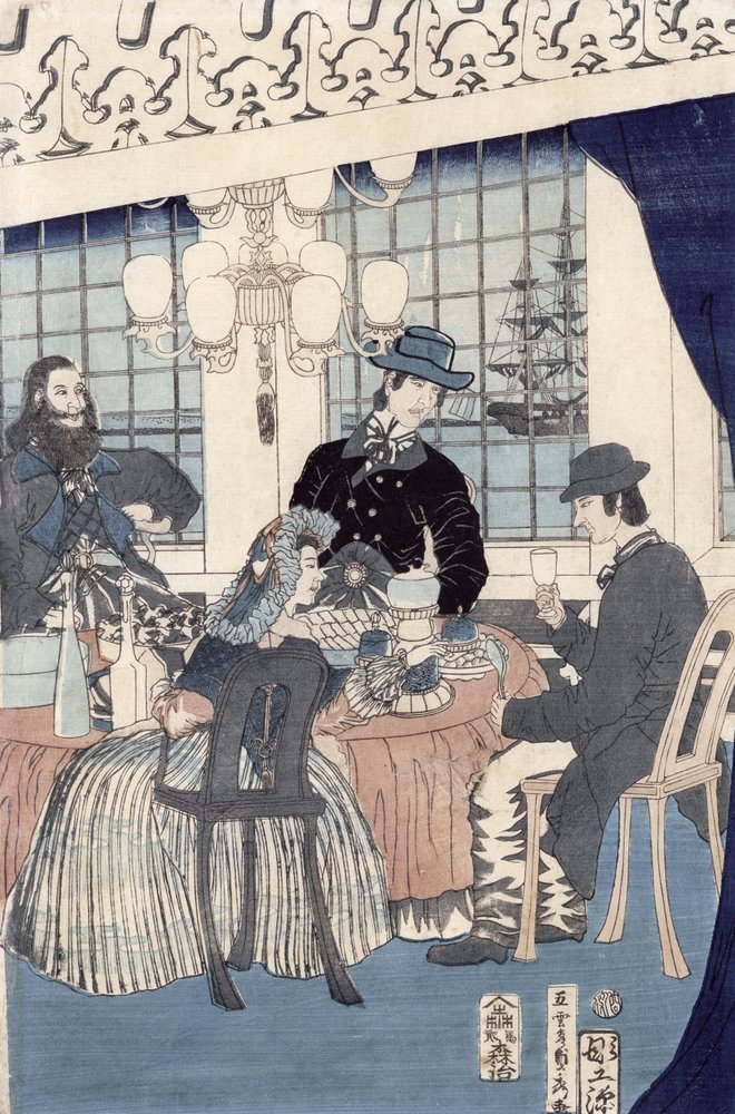 Salonen i et hus for udenlandske købmænd i Yokohama, 1861 (farve-træsnit) af Utagawa Sadahide