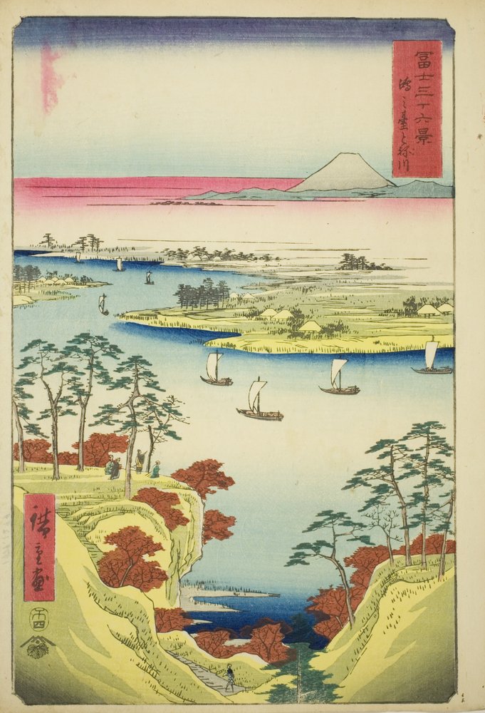 The Tone River at Konodai (Konodai Tonegawa), fra serien "Thirty-six Views of Mount Fuji (Fuji sanjurokkei)" af Utagawa Hiroshige