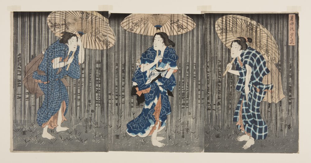 Pludselig brusebad i sommervarmen (Shochu no yudachi) (træbloktryk i farver) af Utagawa Kunisada