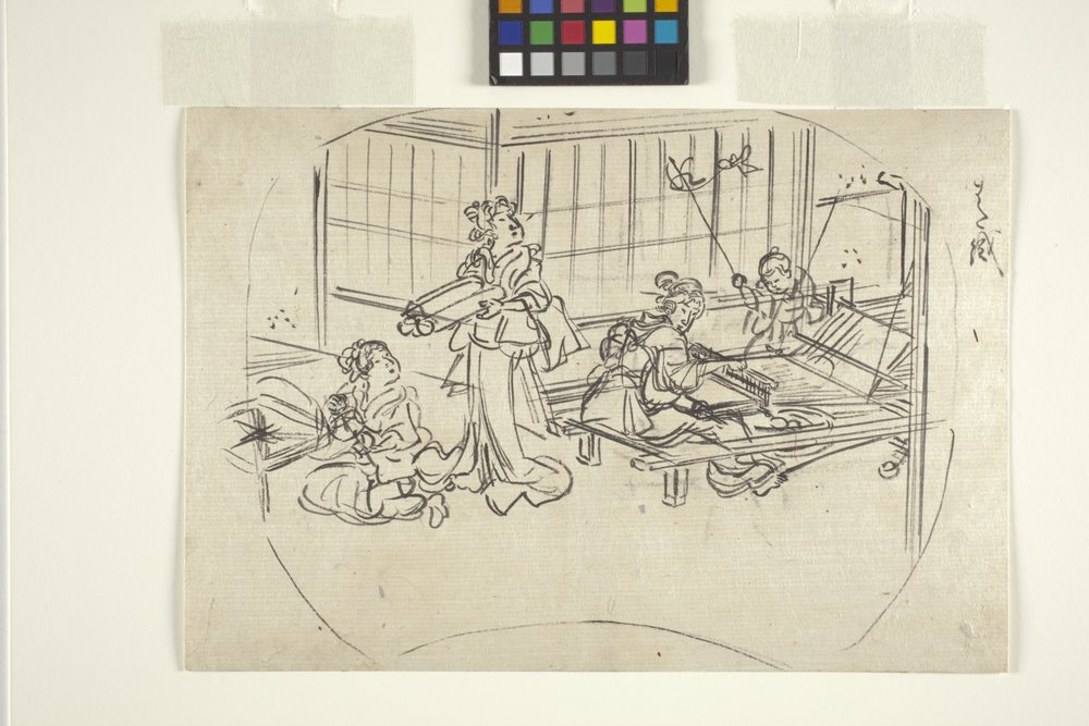 Hataori (vævning på en væv) (blæk på papir) af Utagawa Kuniyoshi
