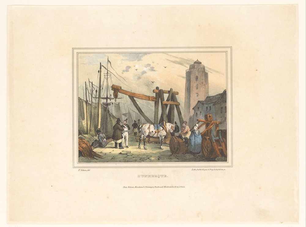 Havn i Dunkirk Dunkerque (titel på objekt) Kostumer for indbyggerne i havnebyer (serietitel) Costumes de marines, designs dans les ports (serietitel) af Victor Adam