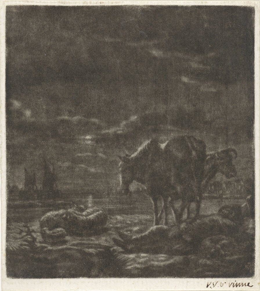 Natlandskab med sovende hyrde og kvæg af Vincent Laurensz. van der Vinne (II)