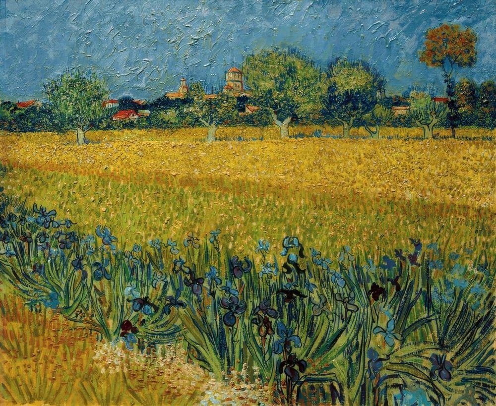 Udsigt over Arles med irisblomster i forgrunden af Vincent van Gogh