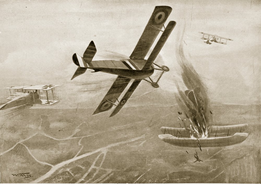 Kaptajn Hawkers luftkamp med tre tyske flyvemaskiner, 25. juli 1915, illustration fra „Nationens historie“ af W. Avis