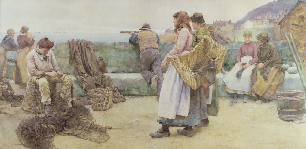 I en kornisk fiskerby: flådens afgang mod nord, 1886 (wc på papir) af Walter Langley