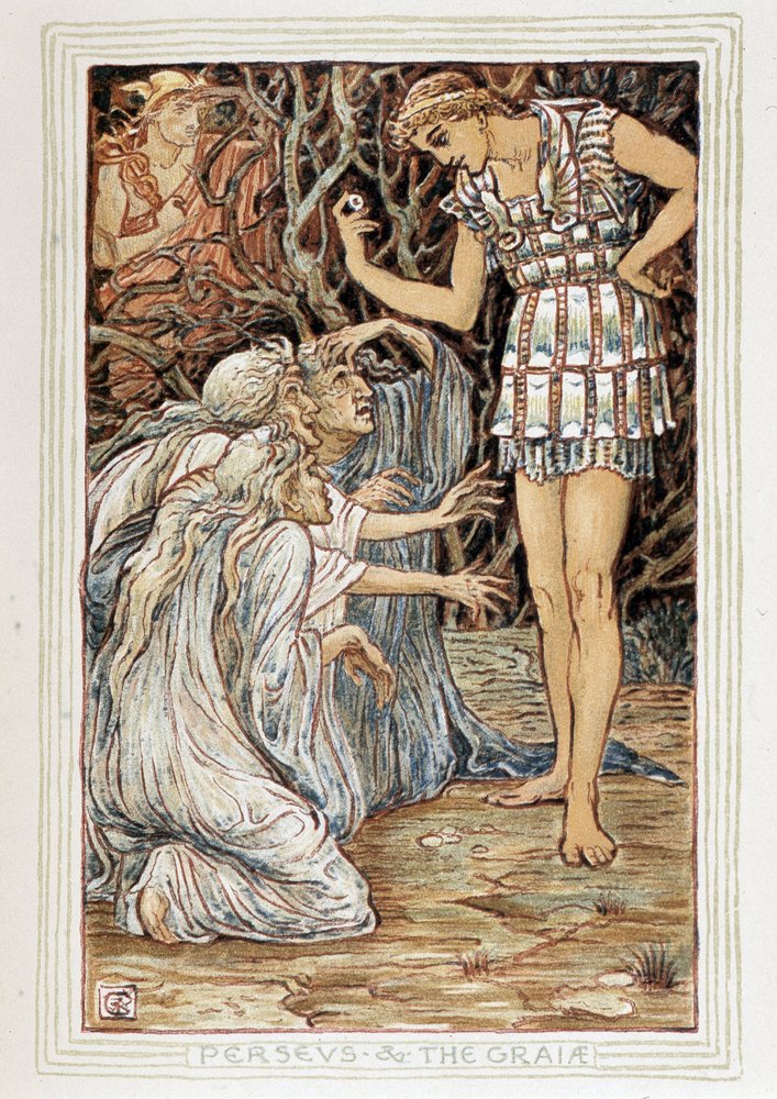 Persee and the Graia (Beotie, Grækenland) - Han møder tre gamle kvinder (hekse?) - i "" En vidunderbog for piger og drenge"" af Walter Crane (1845-1915) af Walter Crane