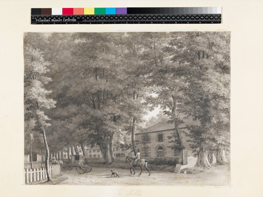No.3933.f8 Udsigt over staldene på Lord Fitzwilliams Mount Merrion ejendom, nær Dublin, 1806, (blæk og vask) af William Ashford