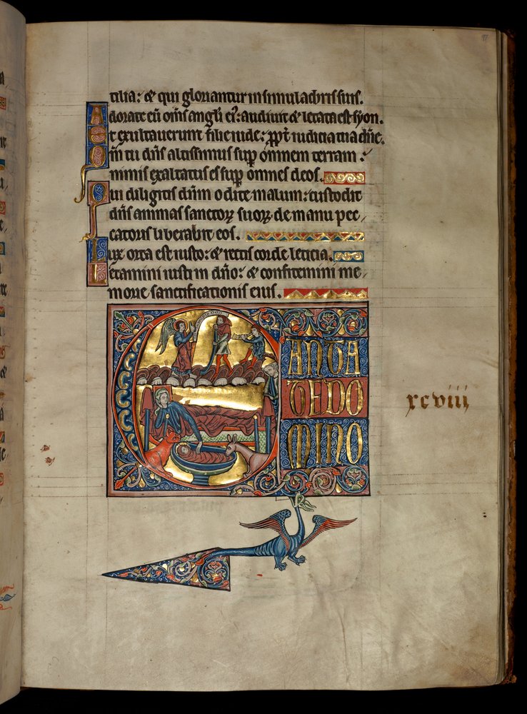 Ms 322 f.97r, Salme 97, initial C, Bebudelse til hyrderne, illustration fra 