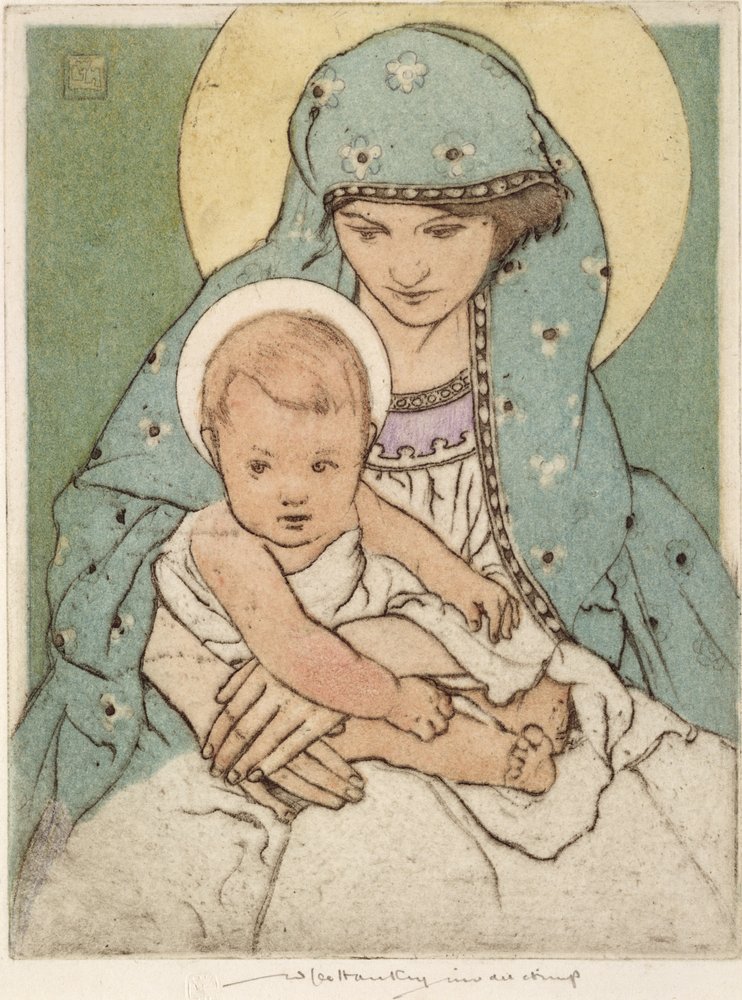 Jomfru Maria med Kristusbarnet (håndfarvet tørnål) af William Lee Hankey