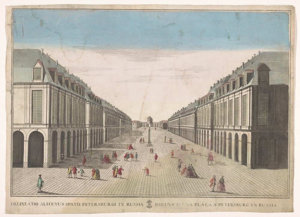 Udsigt over en plads i Sankt Petersborg Dibujo de una plaça a Petersburg en Rusland (titel på objekt) af familie Remondini (attributed to)