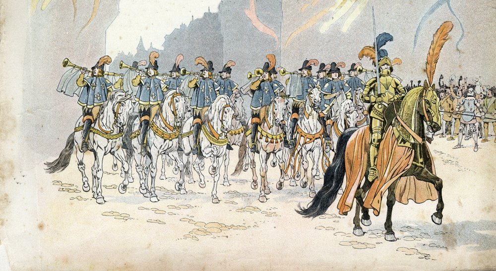 Entré af kong Charles VI (1368-1422) i Paris akkompagnerer tredive trompeter. i "" Frankrig, hans historie fortalt af G. Montorgueil, imagee af Job""" 1896. Privat samling. af pseudonym for Jacques Onfroy de Bréville Job