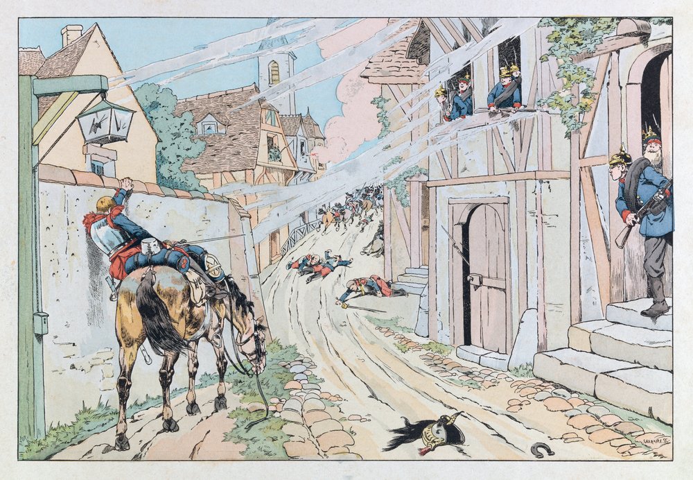 Jacques Marie Gaston Onfray de Breville dit JOB (1858 - 1931); Illustration taget fra bogen "" Les epees de France"": Episode af den franske preussiske krig i 1870, Angreb givet af 9. Cuirassiers i landsbyen Morsbronn; Coll, del af pseudonym for Jacques Onfroy de Bréville Job