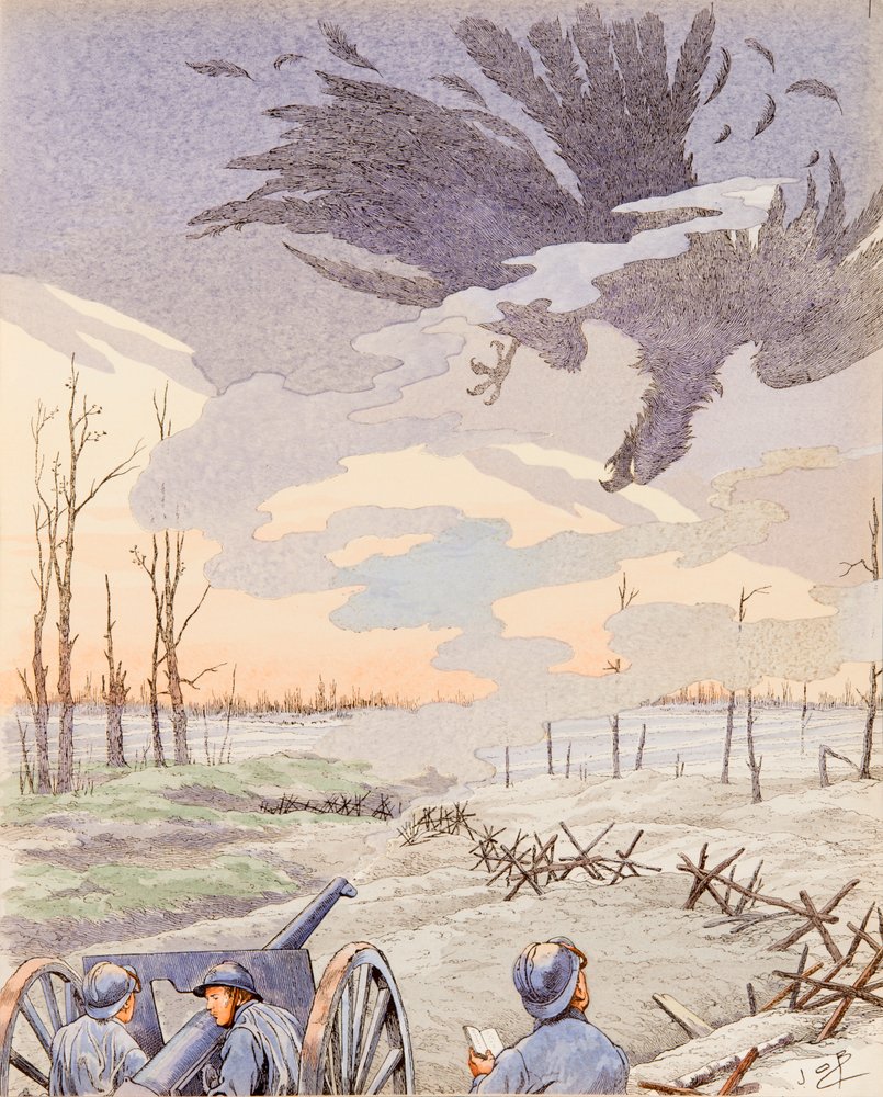 Jacques Marie Gaston Onfroy de Breville dit JOB (1858-1931) - 75 kanonen (allegori om 75 kanoner, der skyder den tyske ørn under Første Verdenskrig), Privat Samling af pseudonym for Jacques Onfroy de Bréville Job