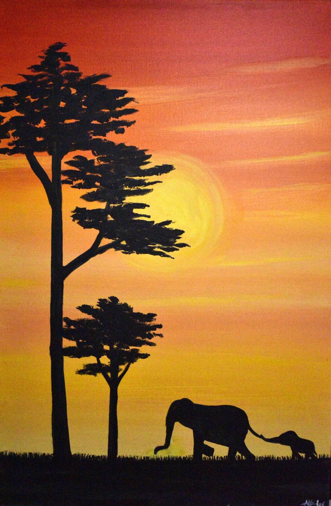 Elefantfamilien ved solnedgang af Aisha Haider