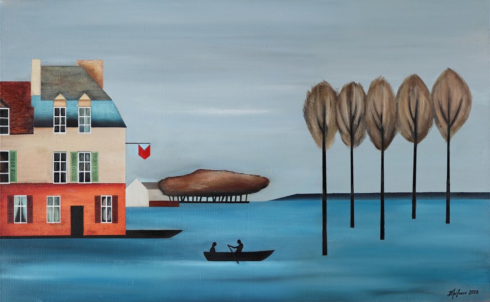 Landsbyens robåd ved vandet af Alexander Trifonov