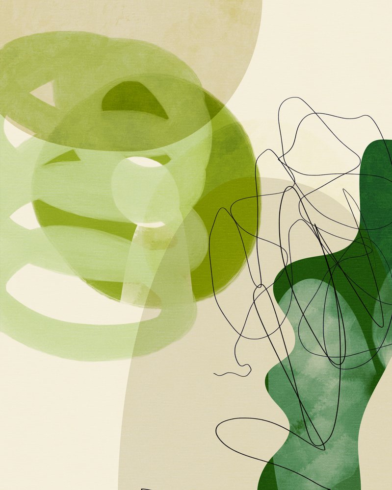 Malede linjer, grøn og beige, 3 eksemplarer af Ana Rut Bre