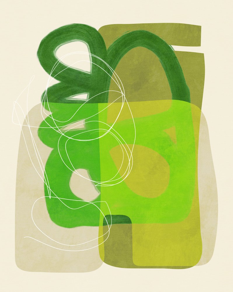 Malede linjer, grøn og beige, 4 eksemplarer af Ana Rut Bre