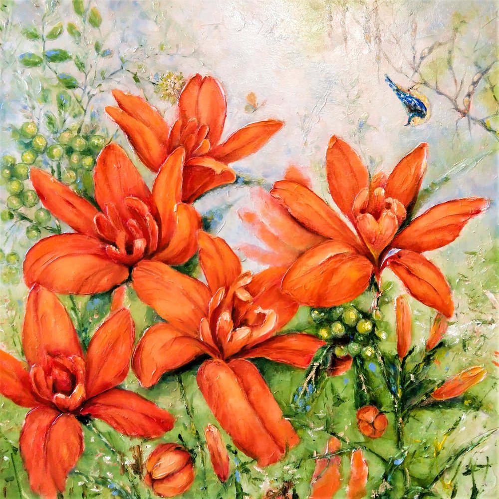 Levende orange blomster af Anda Bieza