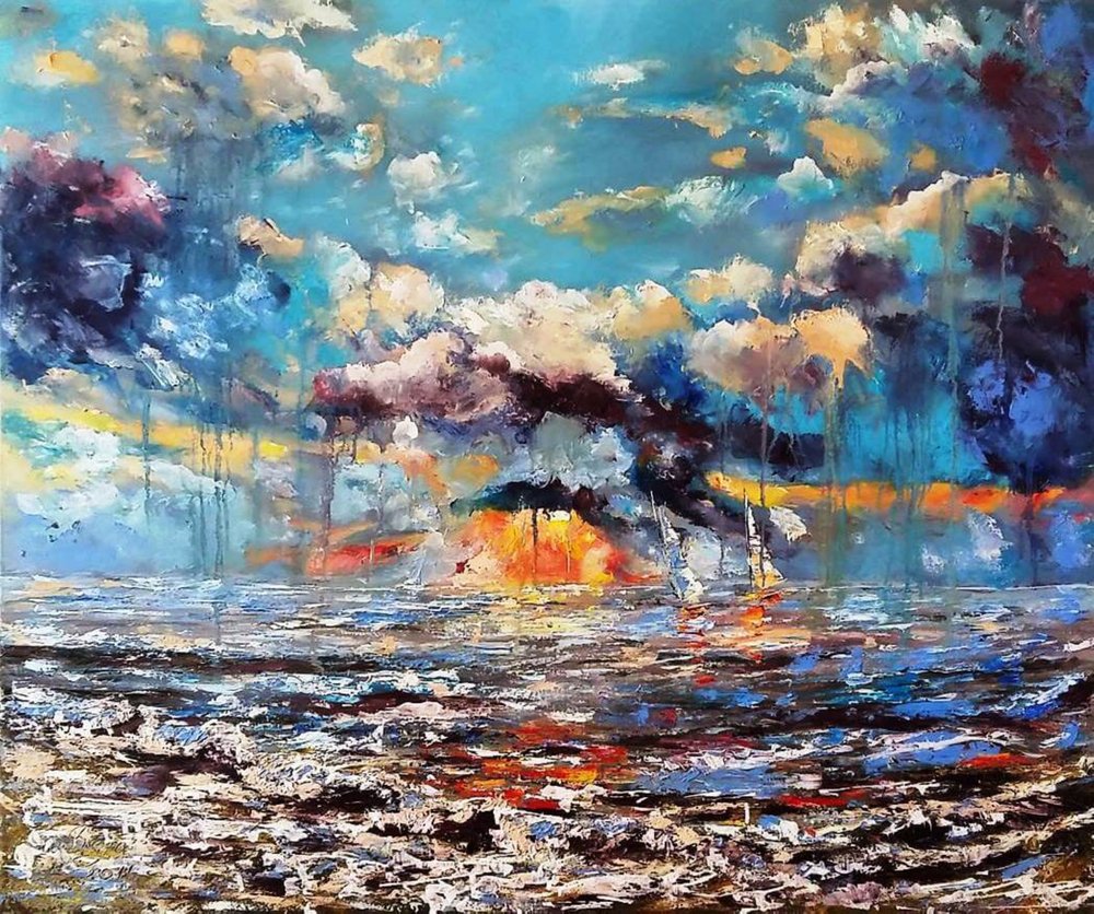 Et livligt havlandskab ved solnedgang af Anda Bieza