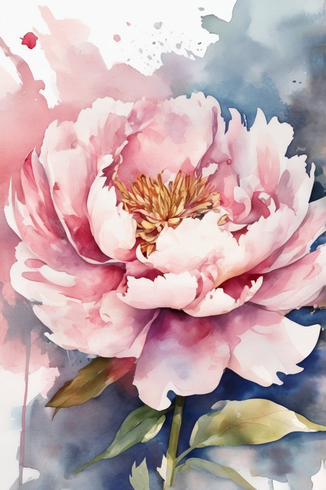Akvarel af en blomstrende pæon af Anda Bieza