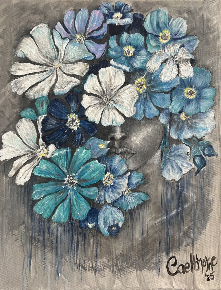 Blåt blomsterportræt af Augustus Caelthorne