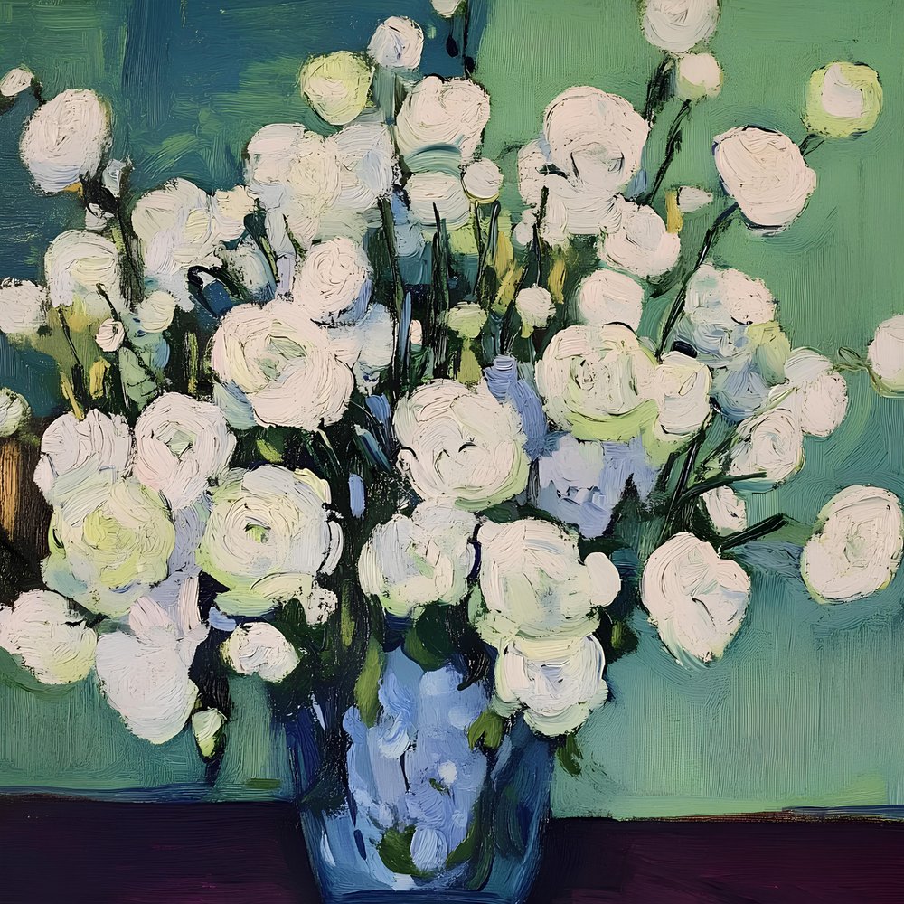 Hvide blomster i blå vase af Avanesova Elena