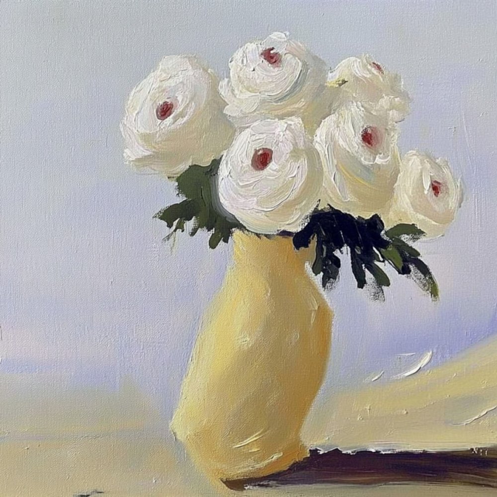 Hvide blomster i gul vase af Avanesova Elena