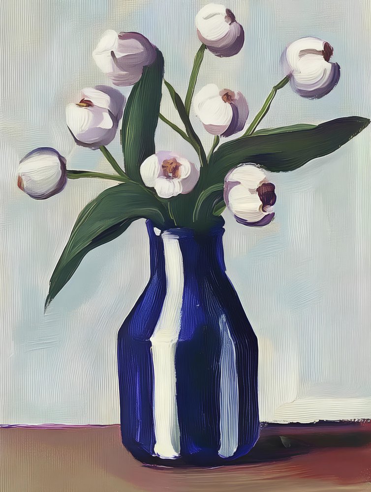 Hvide blomster i blå vase af Avanesova Elena