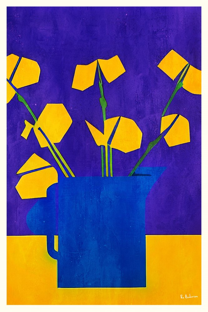 Gule blomster, blå kande af Bo Anderson