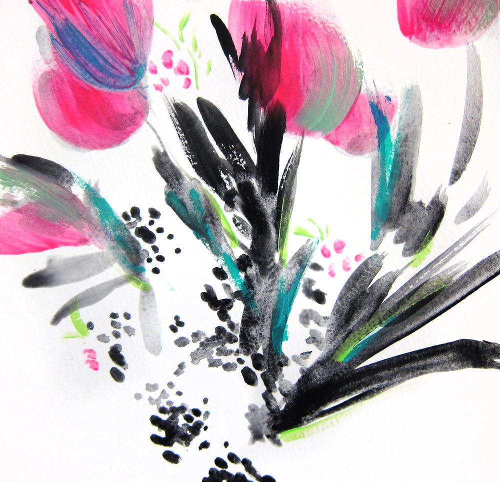 Livligt, blomsterinspireret abstrakt motiv af Christine Lindstrom