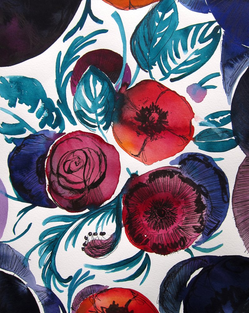 Livlig blomsterakvarel af Christine Lindstrom