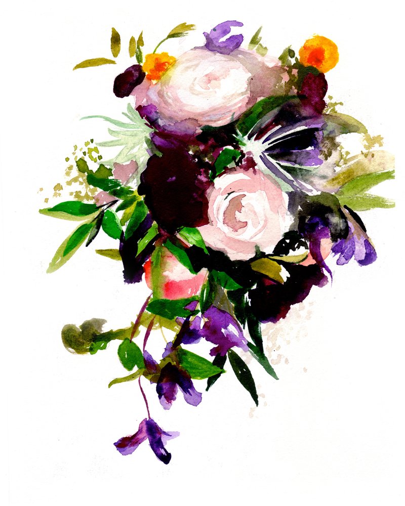 En livlig buket i akvarel med blomstermotiv af Christine Lindstrom