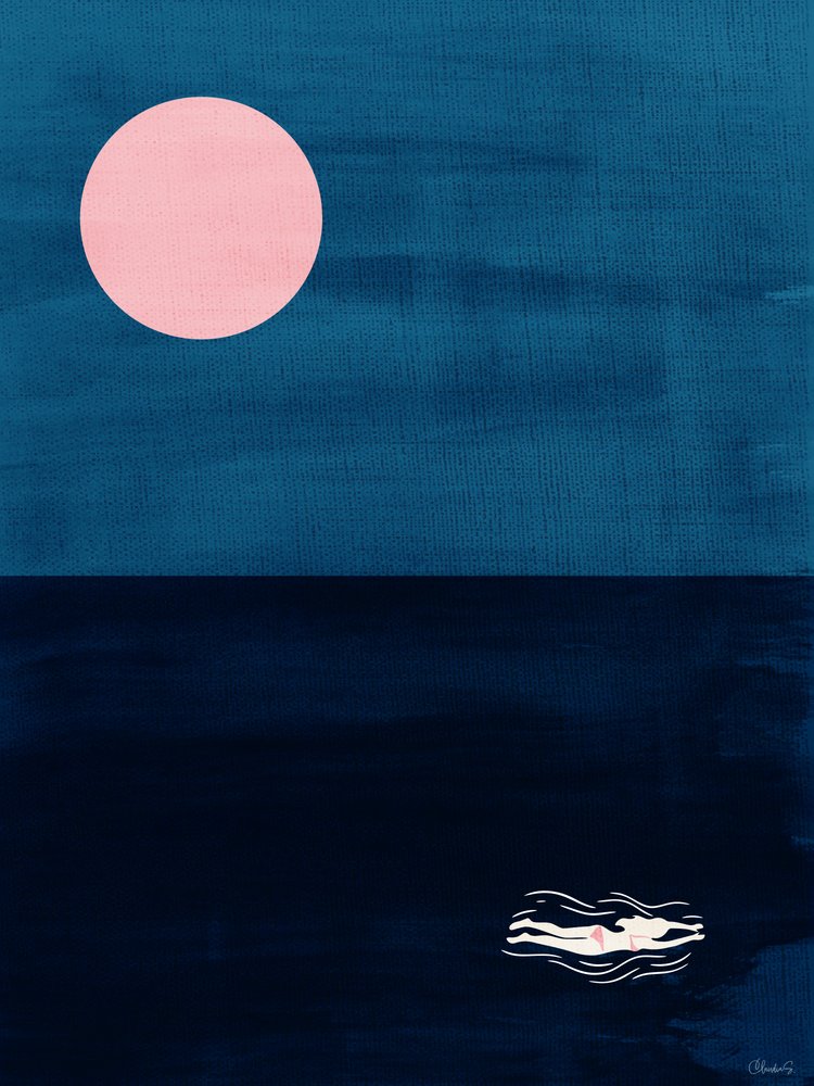Midnight Swim Pink Moon – abstrakt kunsttryk med havmotiv af Claudia Spano'