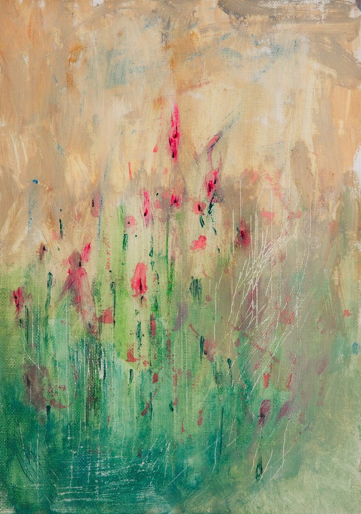 Livligt, blomsterinspireret abstrakt motiv af Dale Hefer
