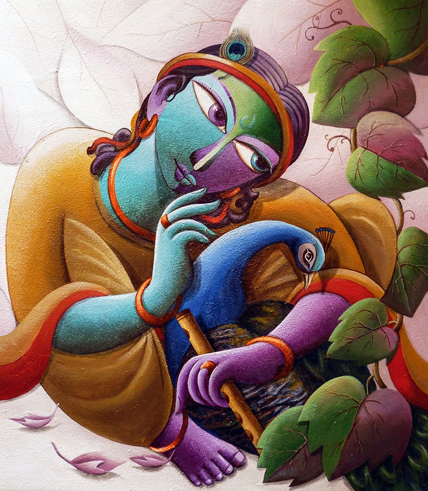 Lord Krishna med påfugl af Dhananjoy Mukherjee