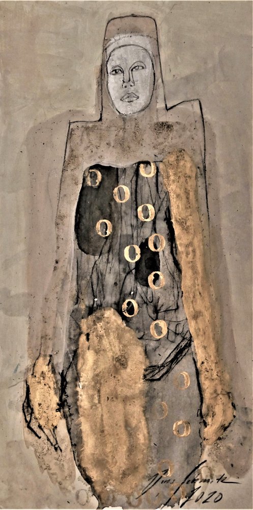 Abstrakt gylden figur af Doris Schmitz