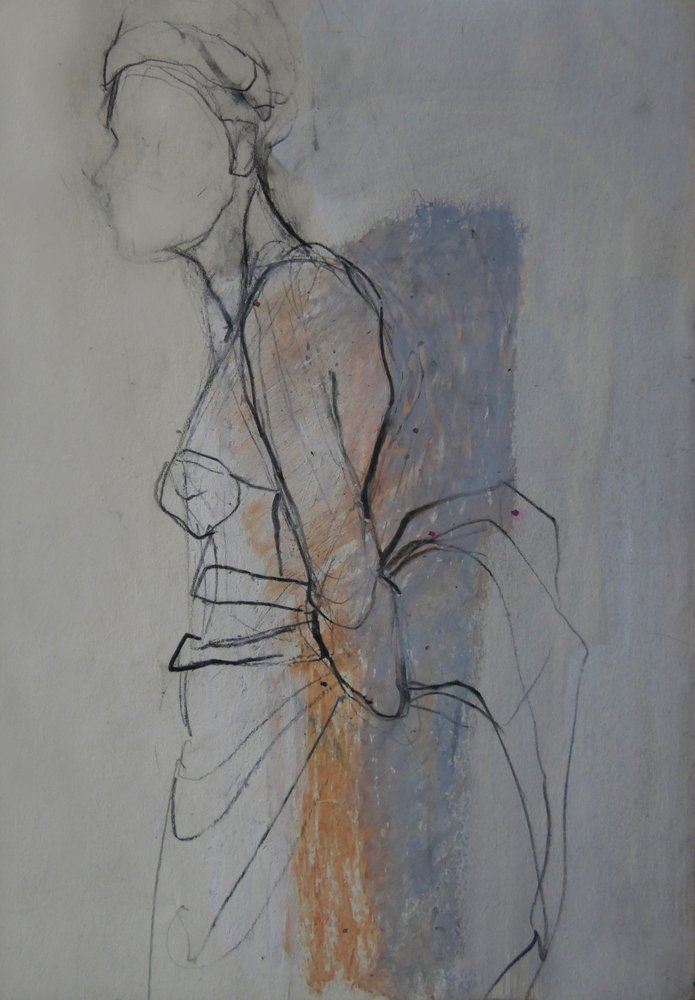 Skitse af en yndefuld, draperet figur af Doris Schmitz