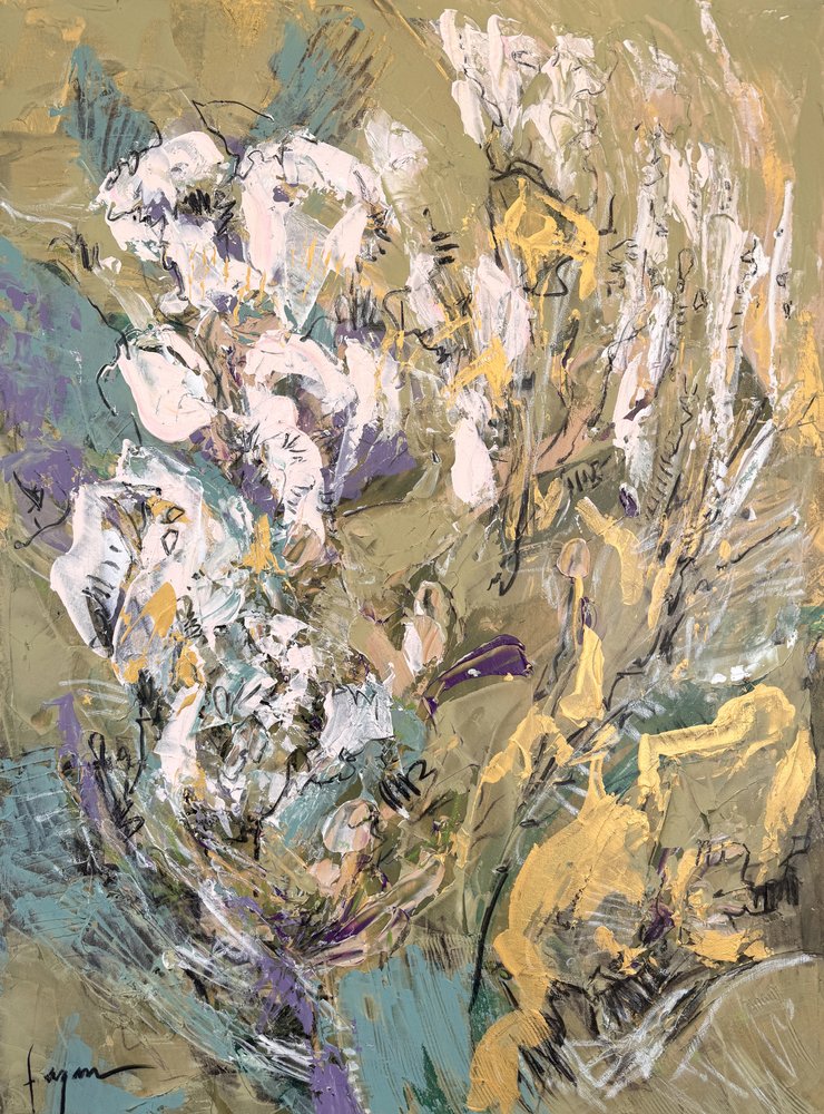 Abstrakte grønne guldblomster af Dorothy Fagan