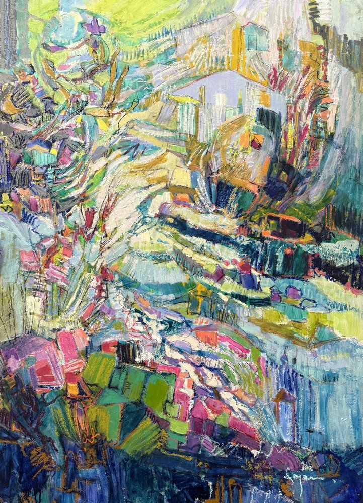 Farverig, abstrakt landsby af Dorothy Fagan
