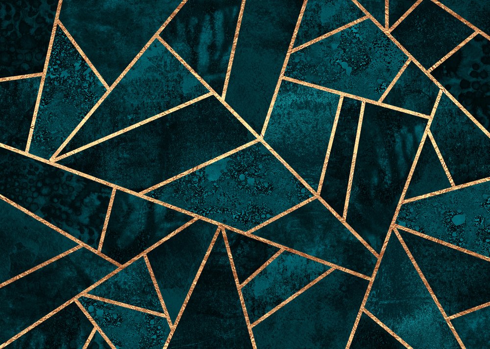 Geometrisk mosaik i blågrøn og guld af Elisabeth Fredriksson