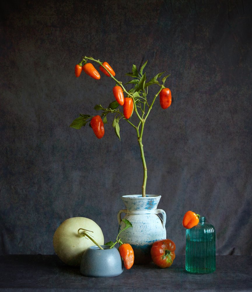Rustikt stilleben med orange tomater af Fangping Zhou