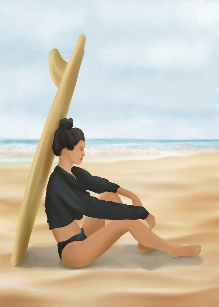 Kvinde på stranden, der surfer af Flow Line