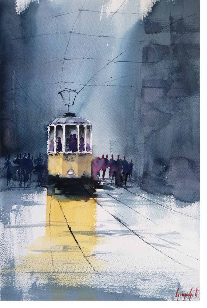 Tram i den regnfulde by af Giorgio Gosti