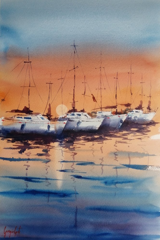 Sejlbåde ved solnedgang af Giorgio Gosti