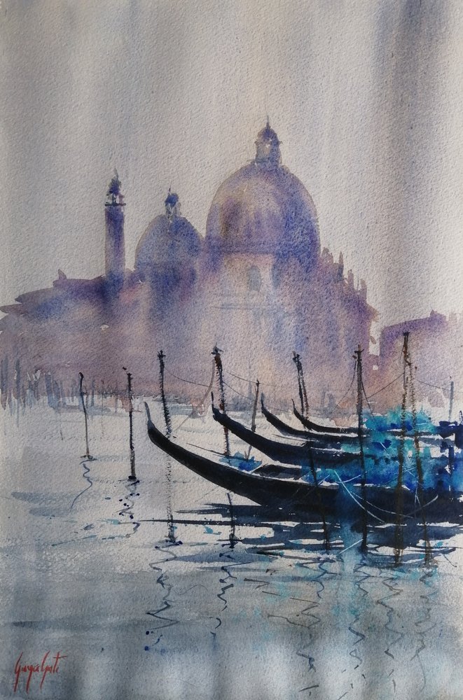Gondoler i Venedig en tåget morgen af Giorgio Gosti