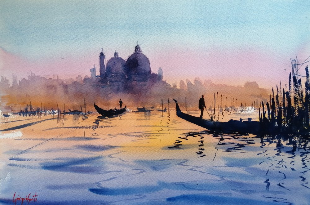 Gondoler ved solnedgang i Venedig af Giorgio Gosti
