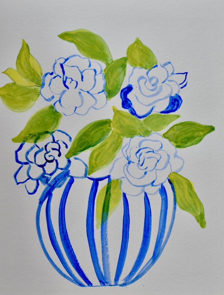 Blomster i en blåstribet vase af Iria Fernandez
