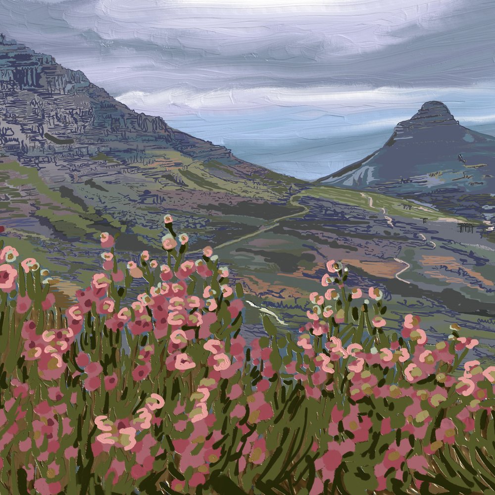 Bjergudsigt med lyserøde blomster af Jenna Alheit
